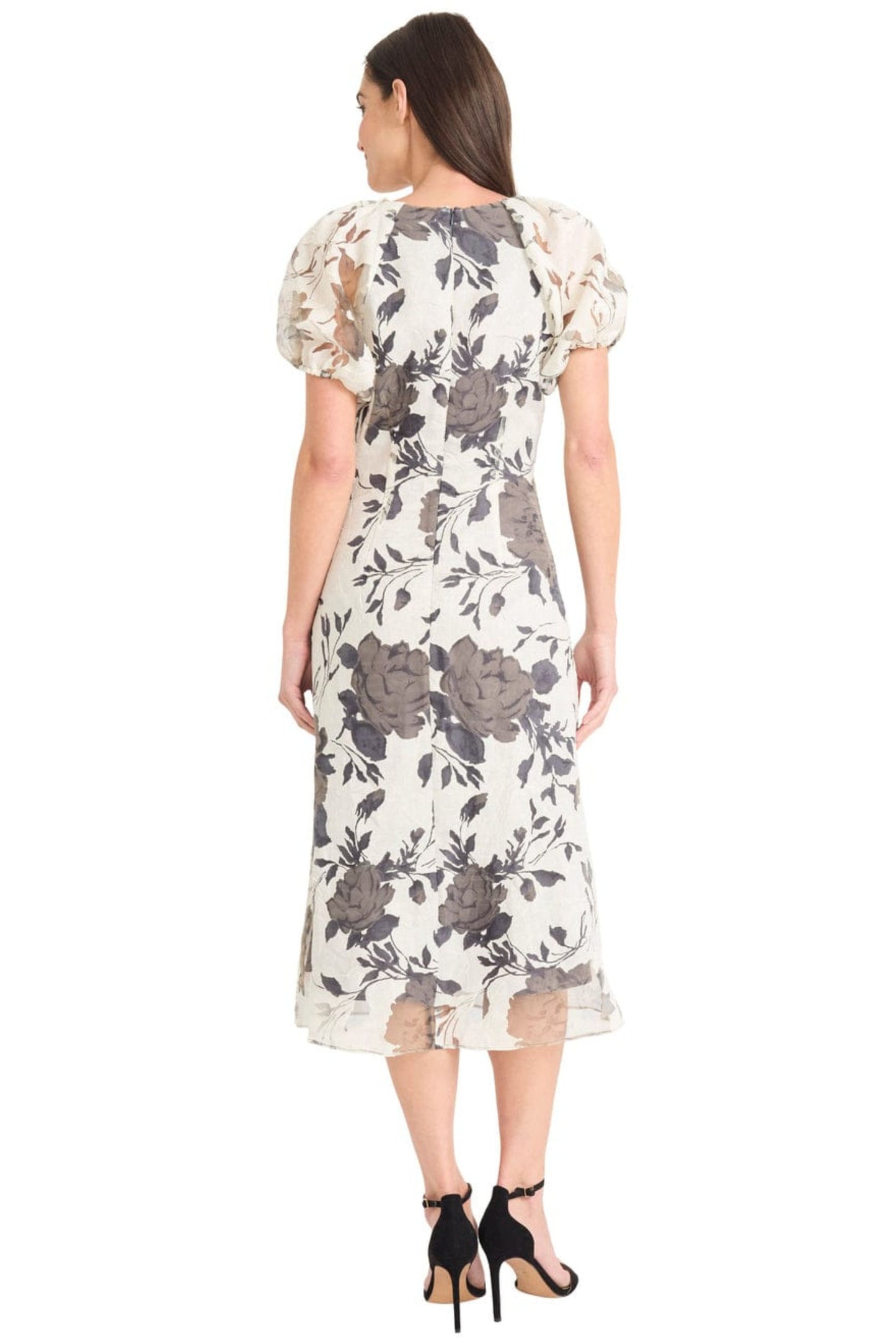 Maggy London Grey Ivory Floral Puff Sleeve Midi Dress