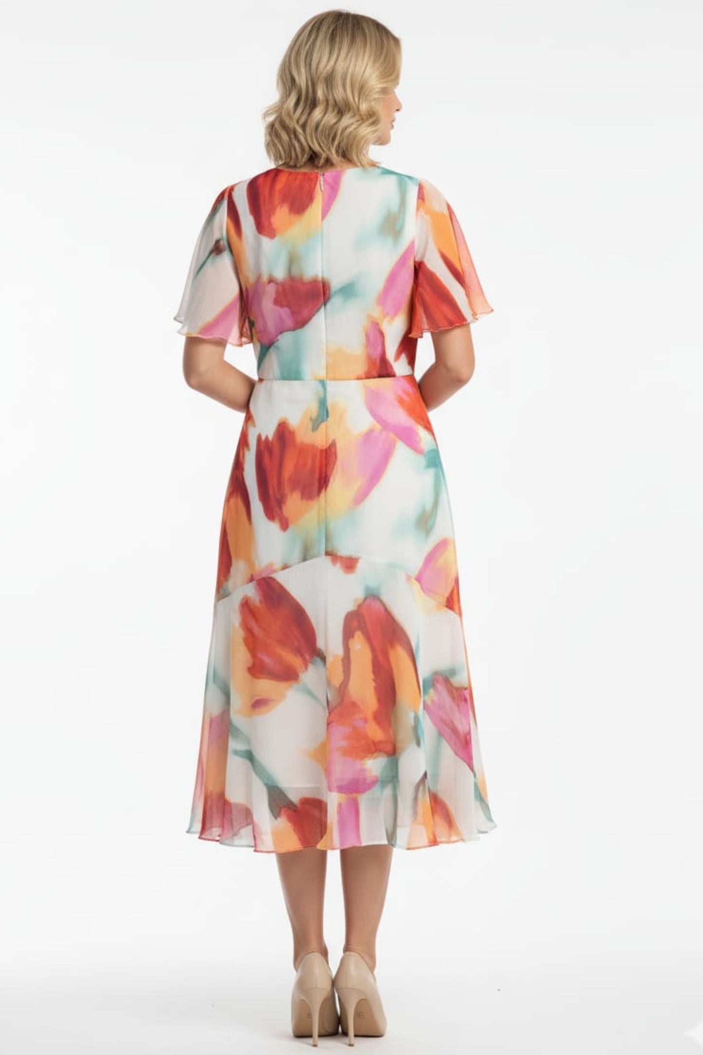 Maggy London Cream Multi Floral Chiffon Midi Dress