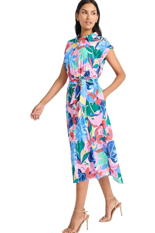 Maggy London Ivory Pink Tropical Floral Shirt Dress