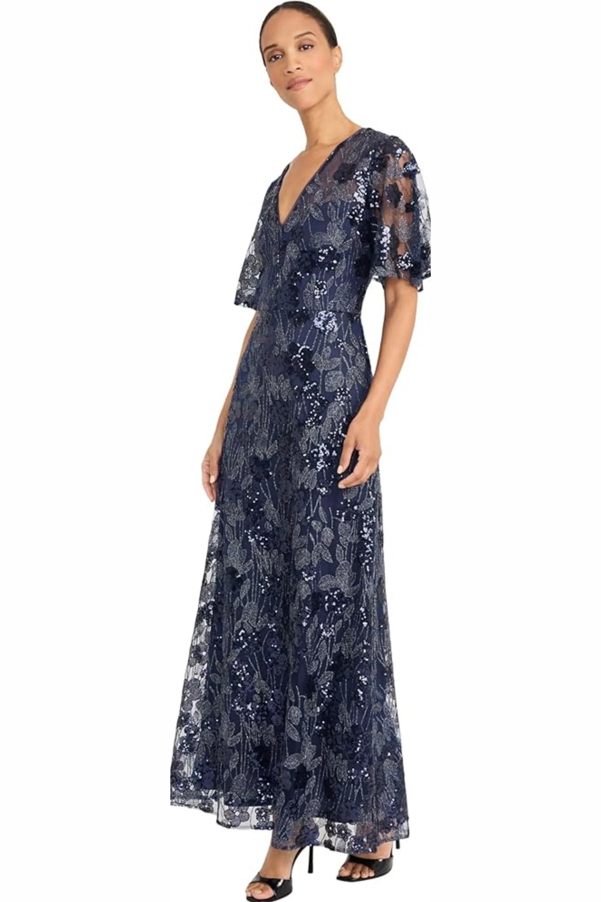 Maggy London Navy Sequined Floral Lace Flutter-Sleeve Maxi Party Dress