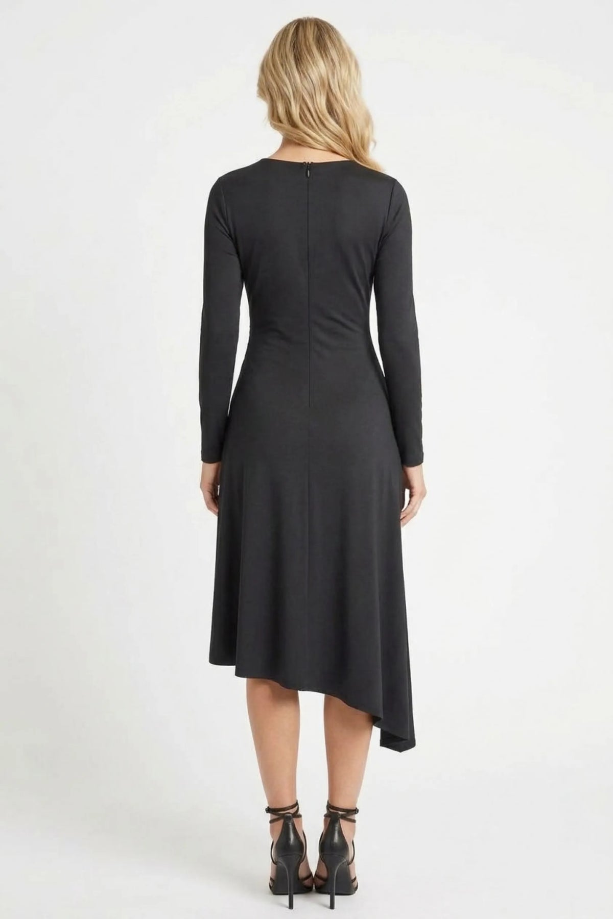 Maggy London Black Long-Sleeve Asymmetrical Ruched Midi Dress