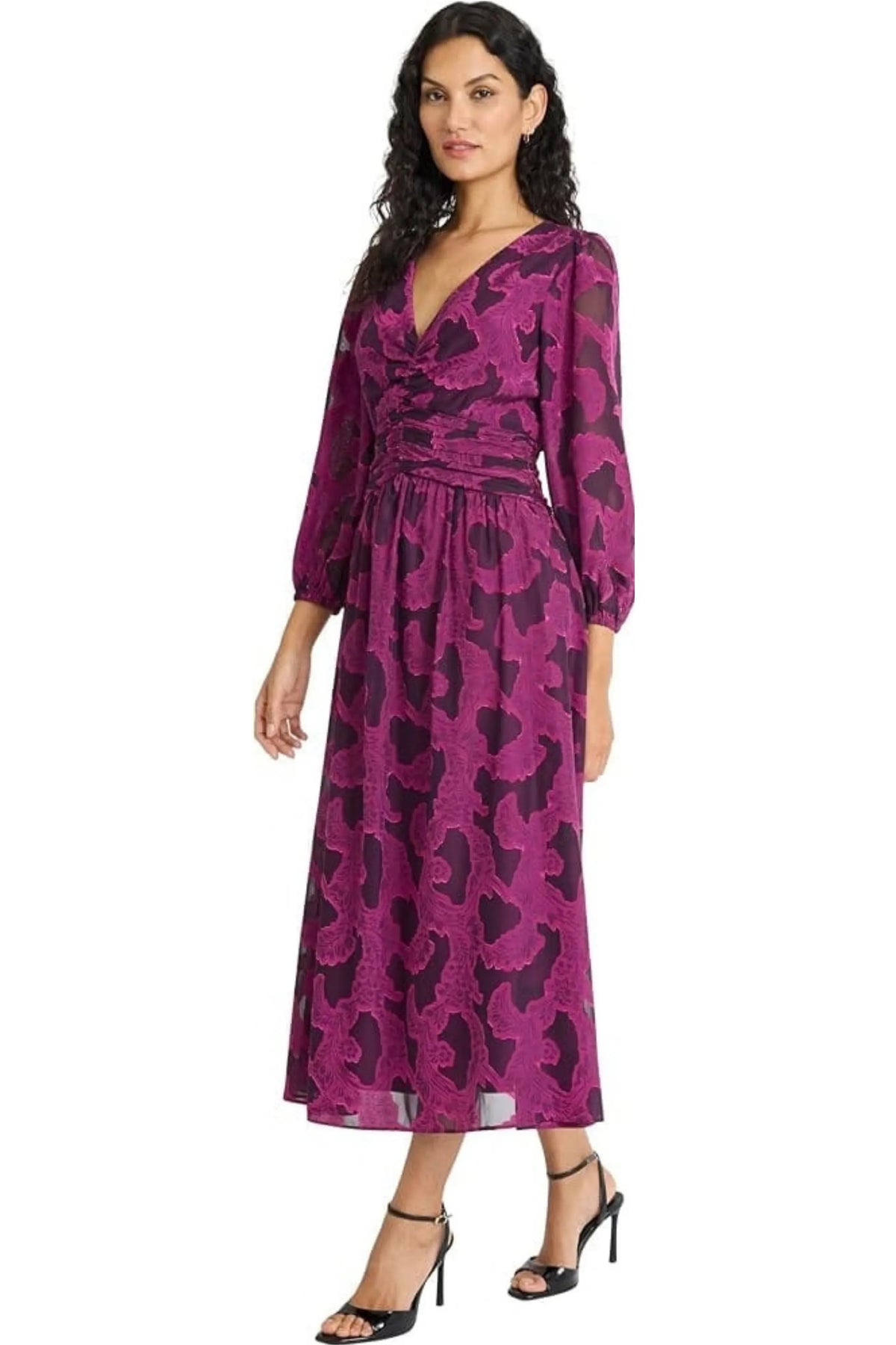 Maggy London Magenta Jacquard Ruched V-Neck Midi Dress