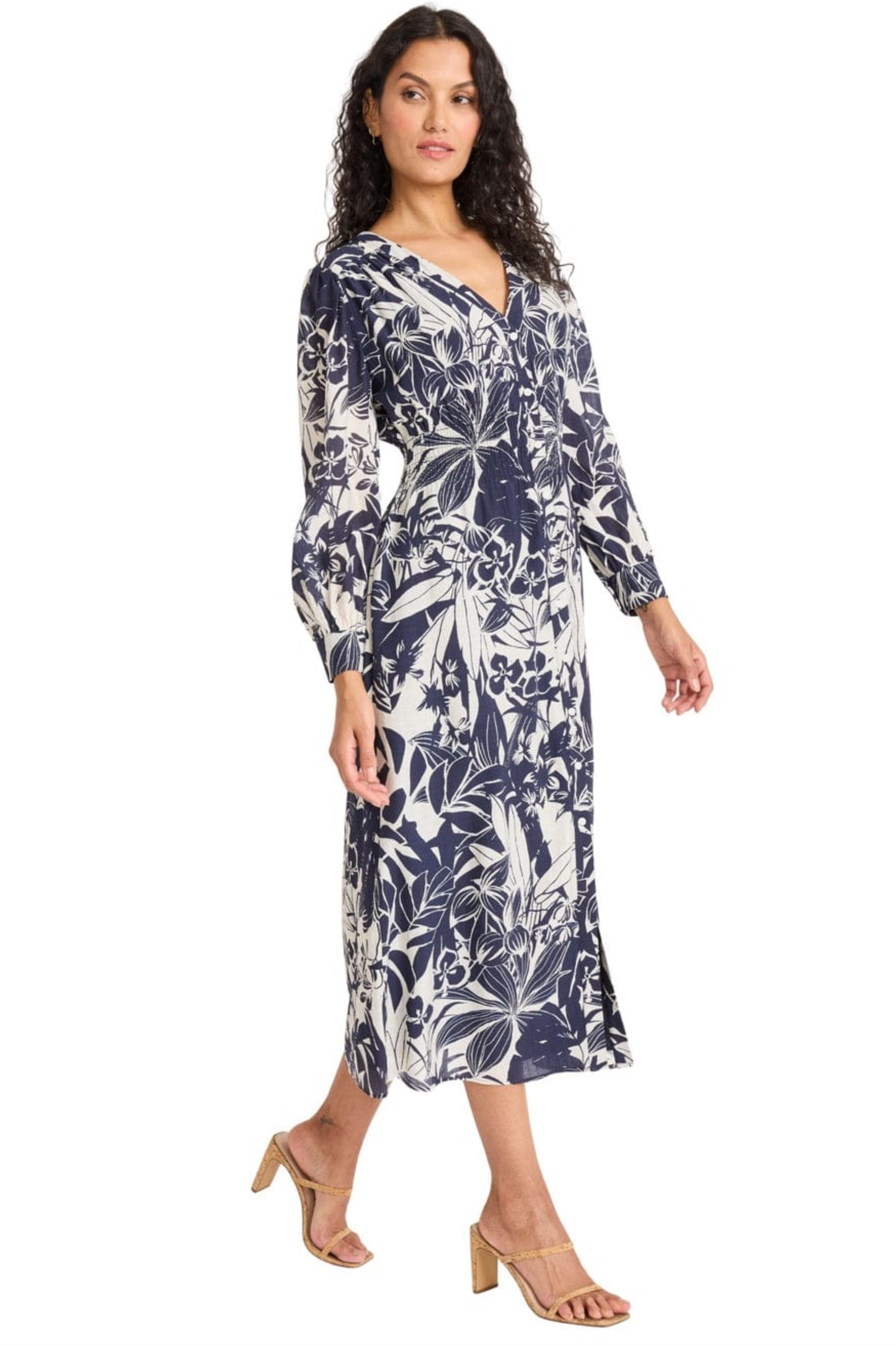 Maggy London Navy & Ivory Botanical Long-Sleeve Midi Daydress