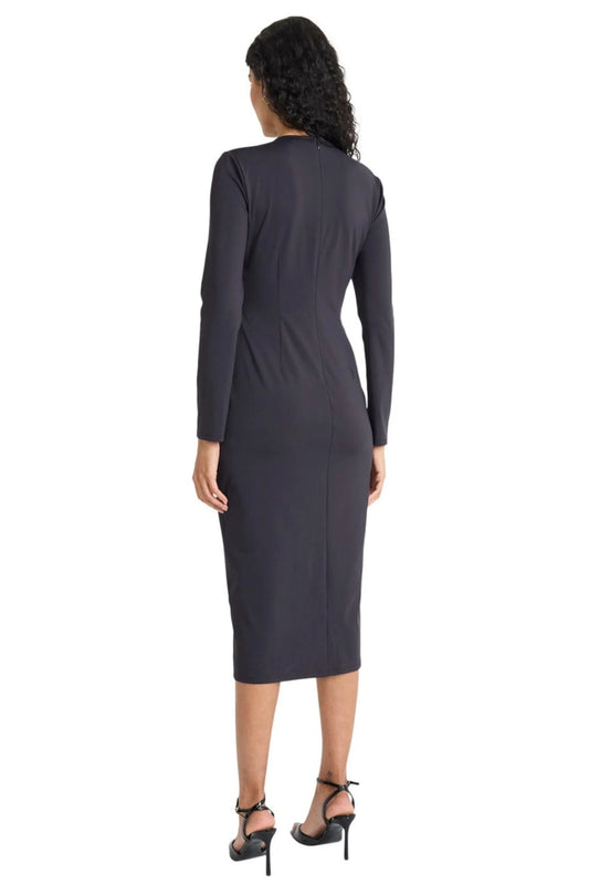 Maggy London Black O-Ring Gathered Long-Sleeve Midi Dress