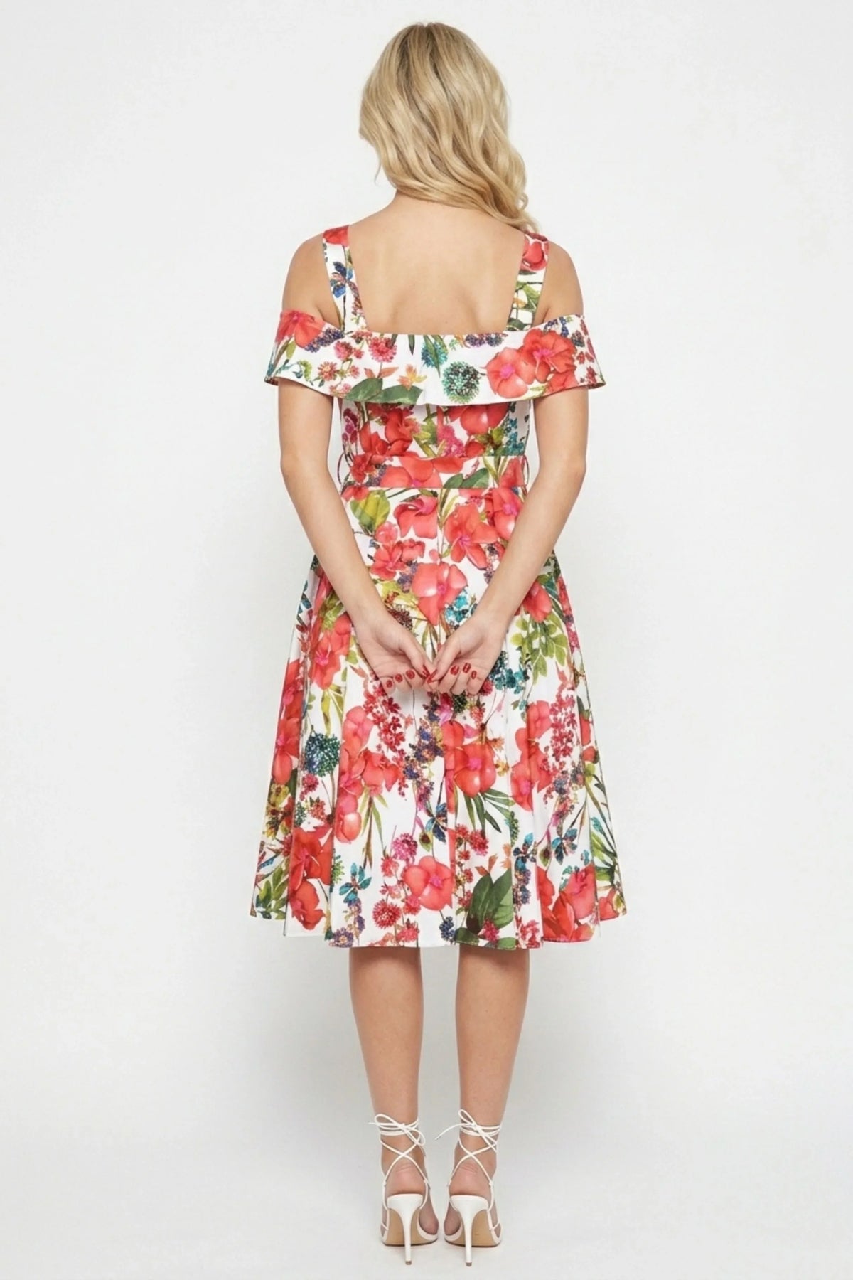 Gabby Skye Ivory & Coral Floral Cold-Shoulder Fit and Flare Party Dress