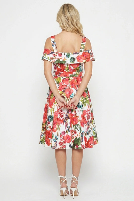 Gabby Skye Ivory & Coral Floral Cold-Shoulder Fit and Flare Party Dress