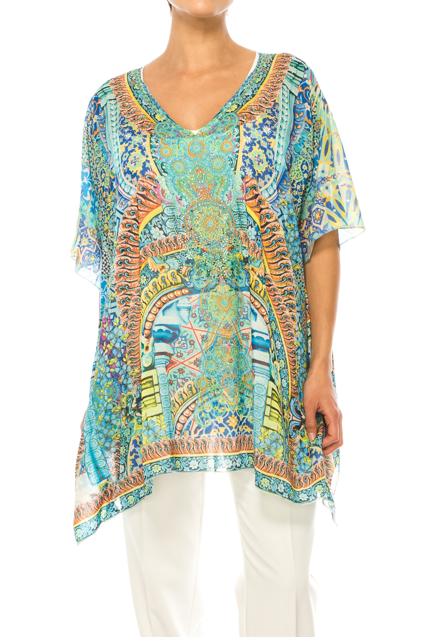 GRACE Turq Yellow Multi Print Chiffon Top