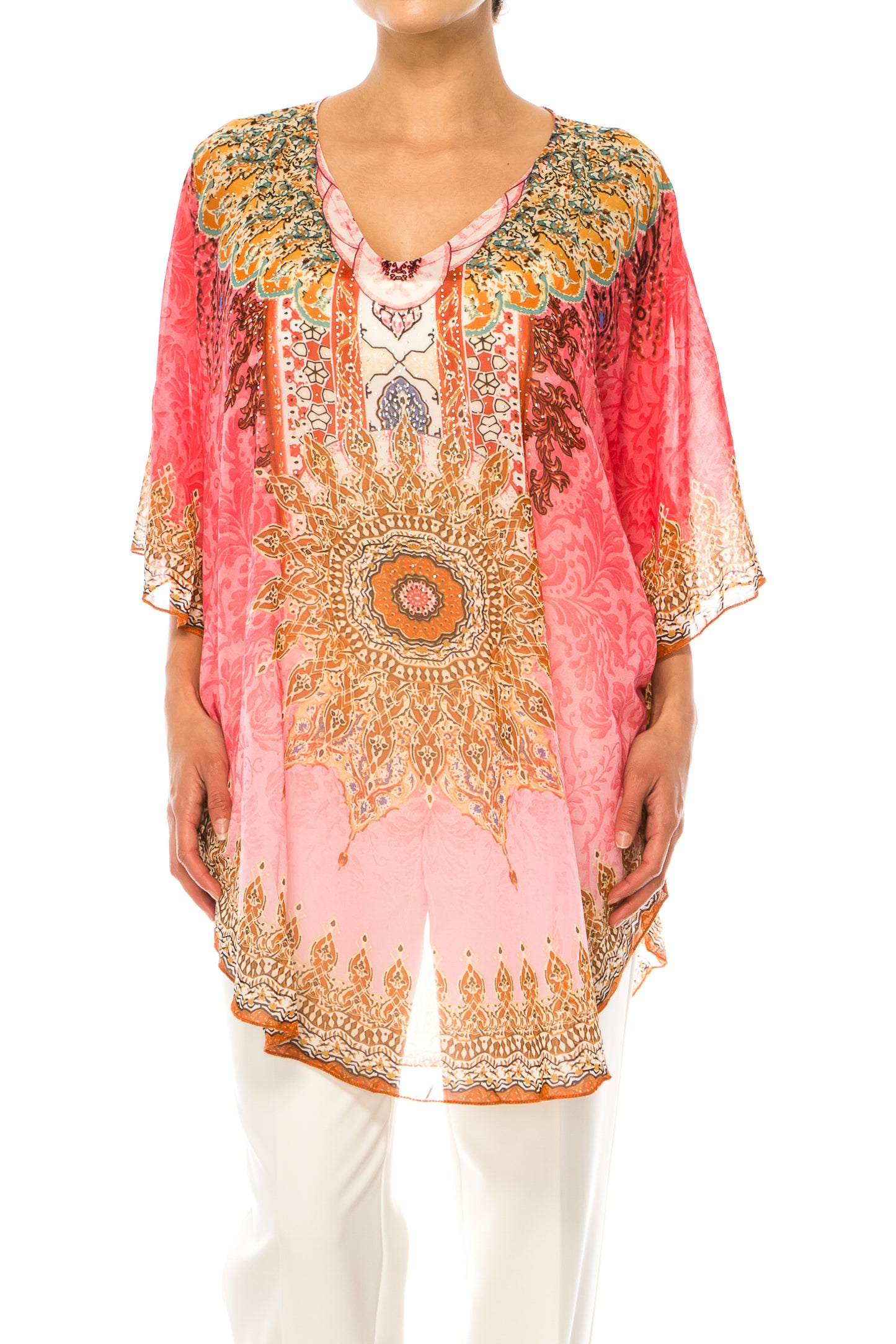 GRACE Pink Multi Print Chiffon Poncho Top