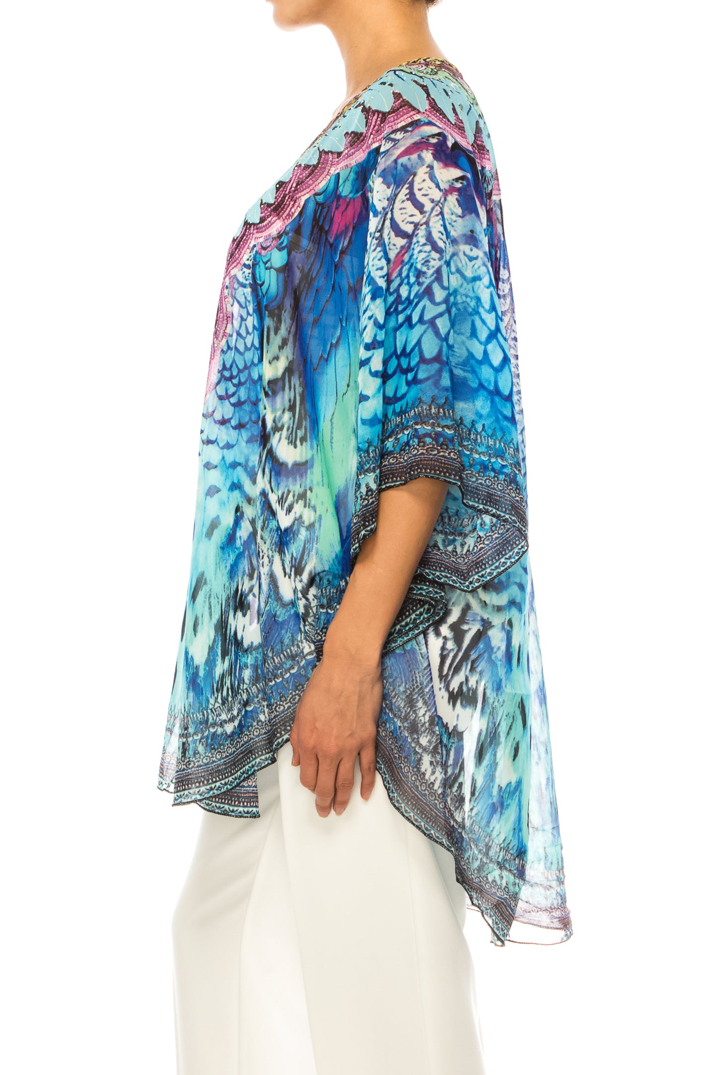 GRACE Purple Blue Multi Print Chiffon Poncho Top