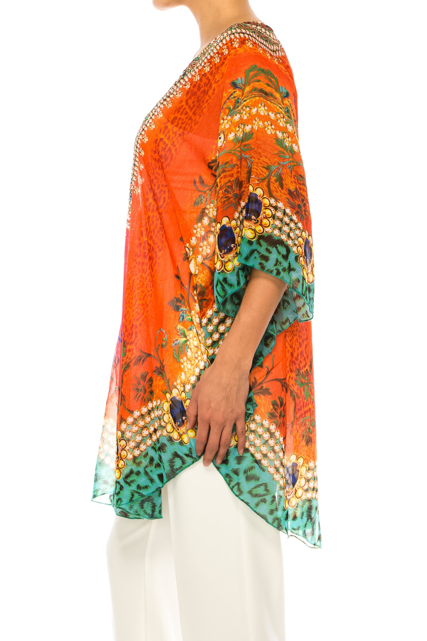 GRACE Orange Multi Print Chiffon Poncho Top