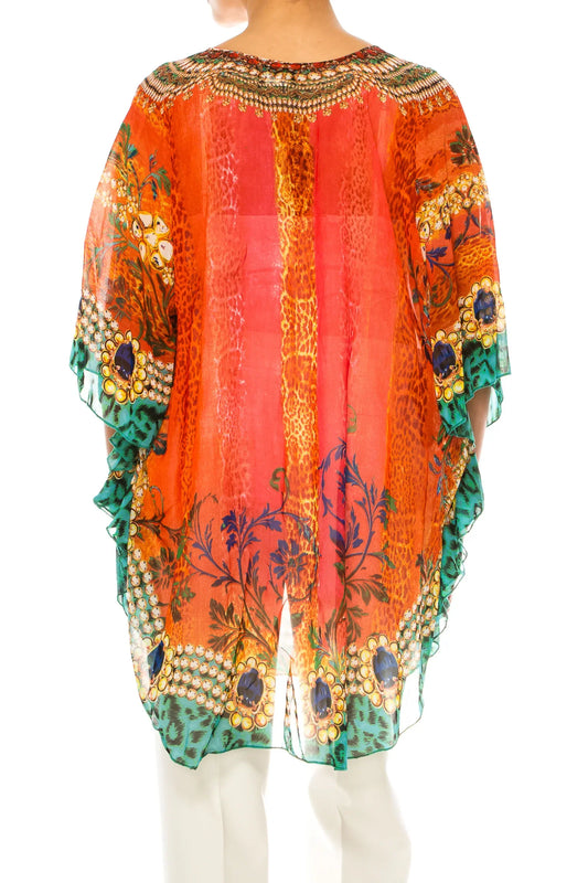 GRACE Orange Multi Print Chiffon Poncho Top