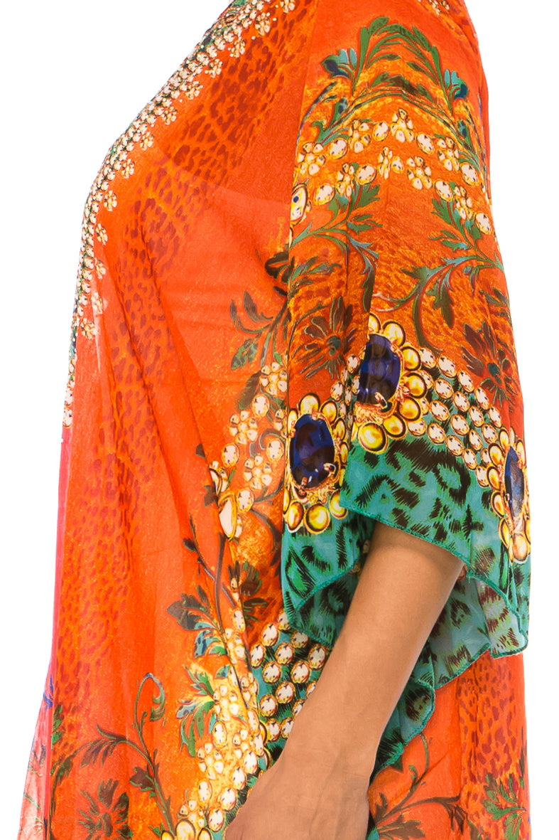 GRACE Orange Multi Print Chiffon Poncho Top