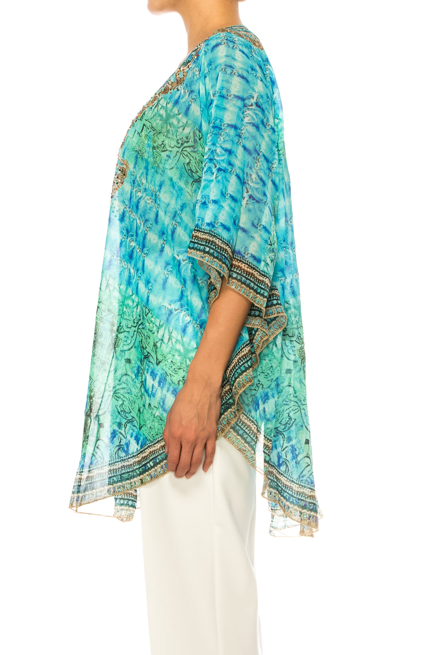 GRACE Blue Green Multi Print Chiffon Poncho Top
