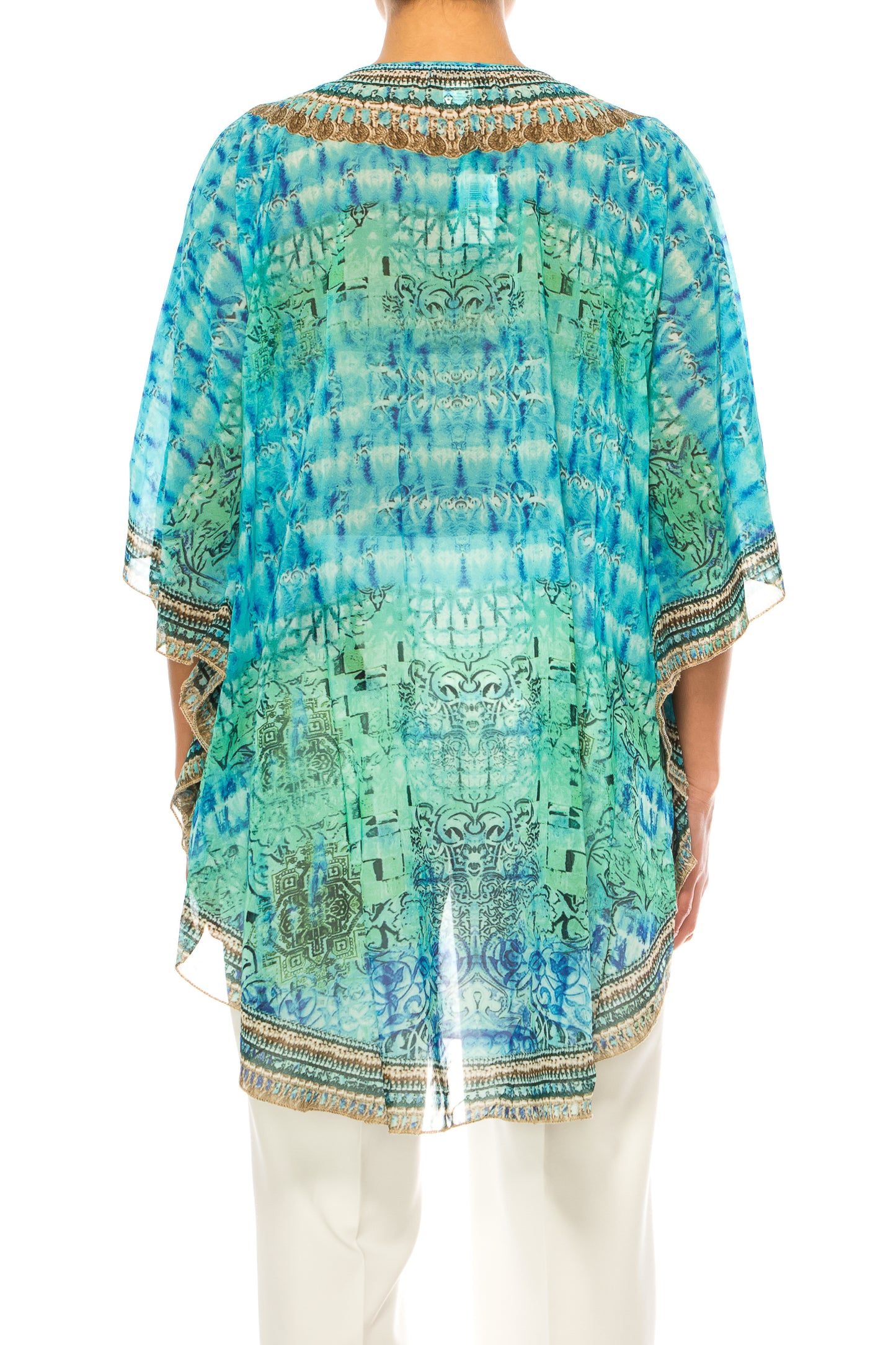 GRACE Blue Green Multi Print Chiffon Poncho Top