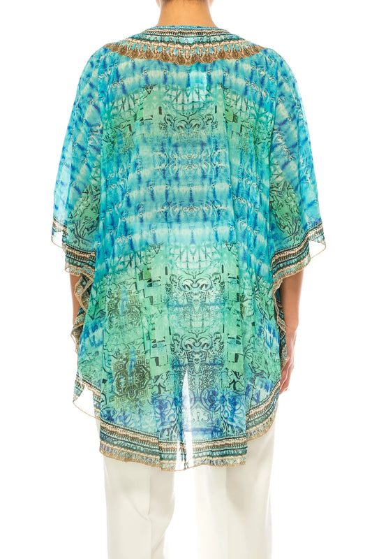 GRACE Blue Green Multi Print Chiffon Poncho Top