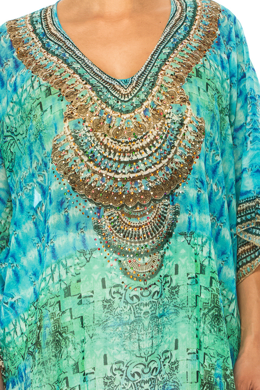 GRACE Blue Green Multi Print Chiffon Poncho Top