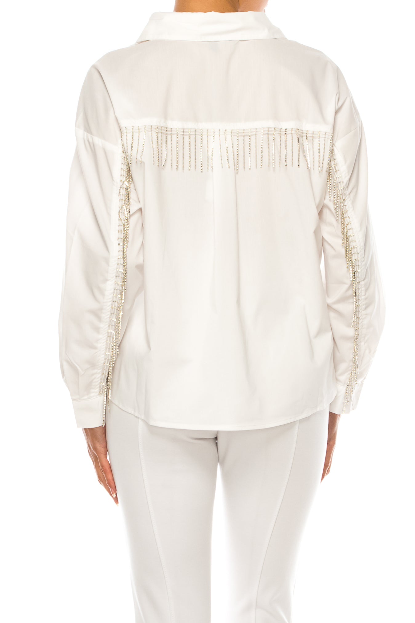 Grand & Greene Long Embellished Fringe Sleeve Top
