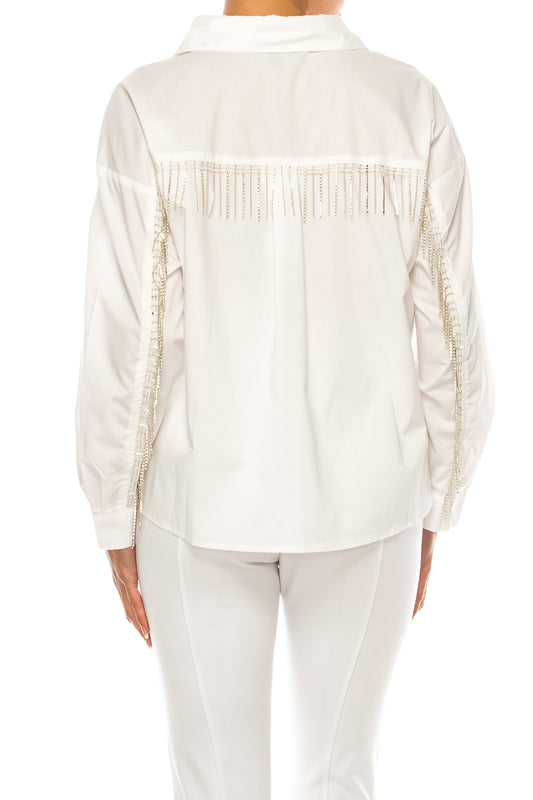 Grand & Greene Long Embellished Fringe Sleeve Top