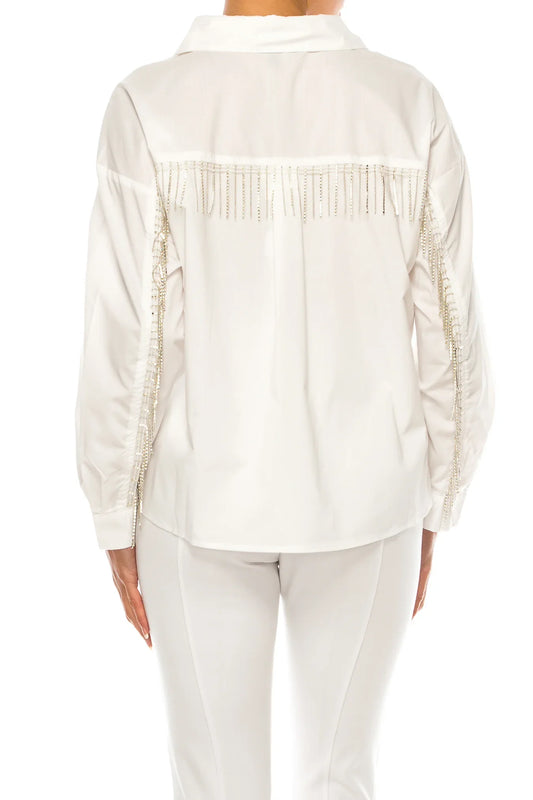 Grand & Greene Long Embellished Fringe Sleeve Top