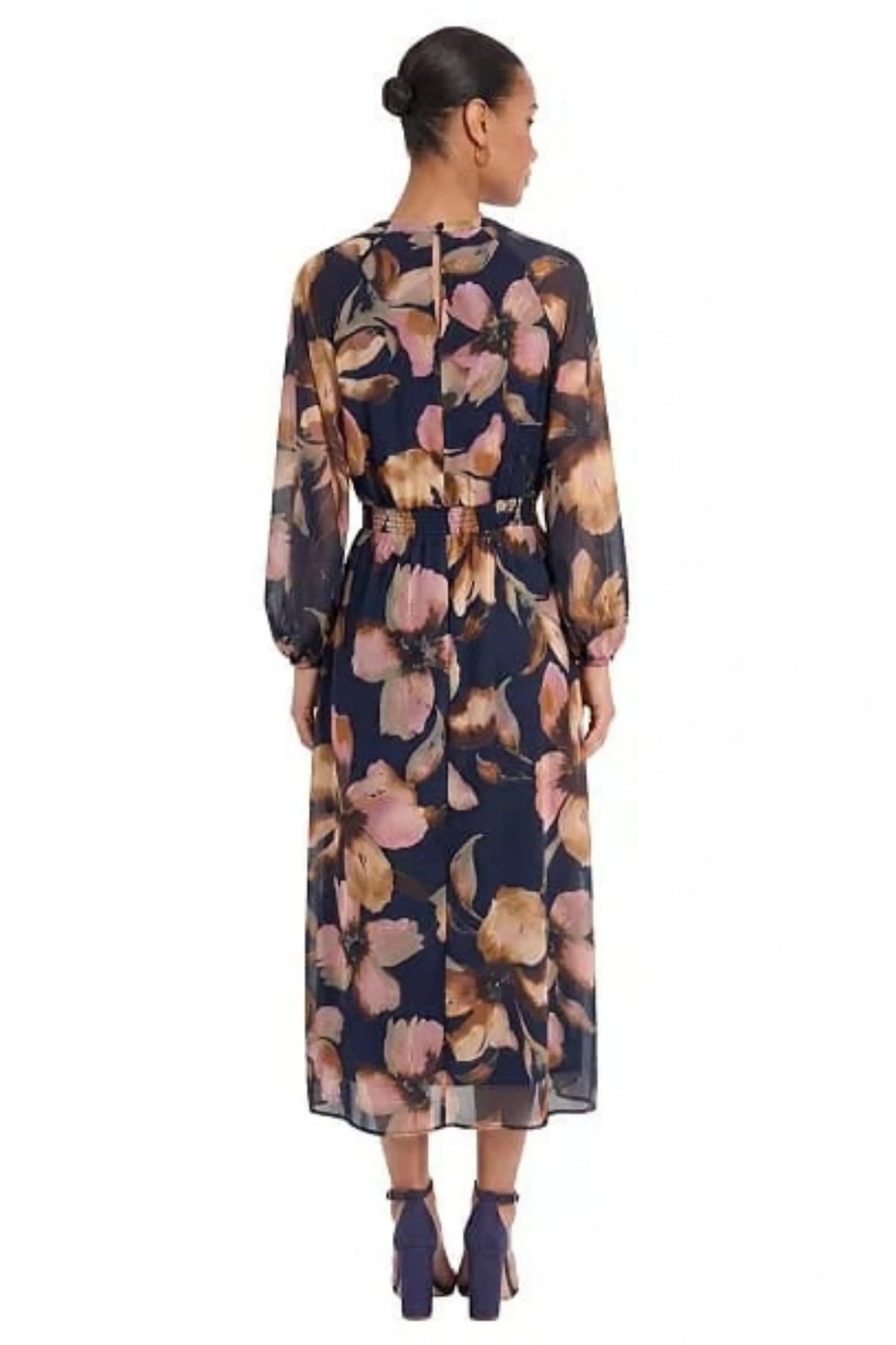 Maggy London Navy Multi Floral Chiffon Keyhole Midi Dress