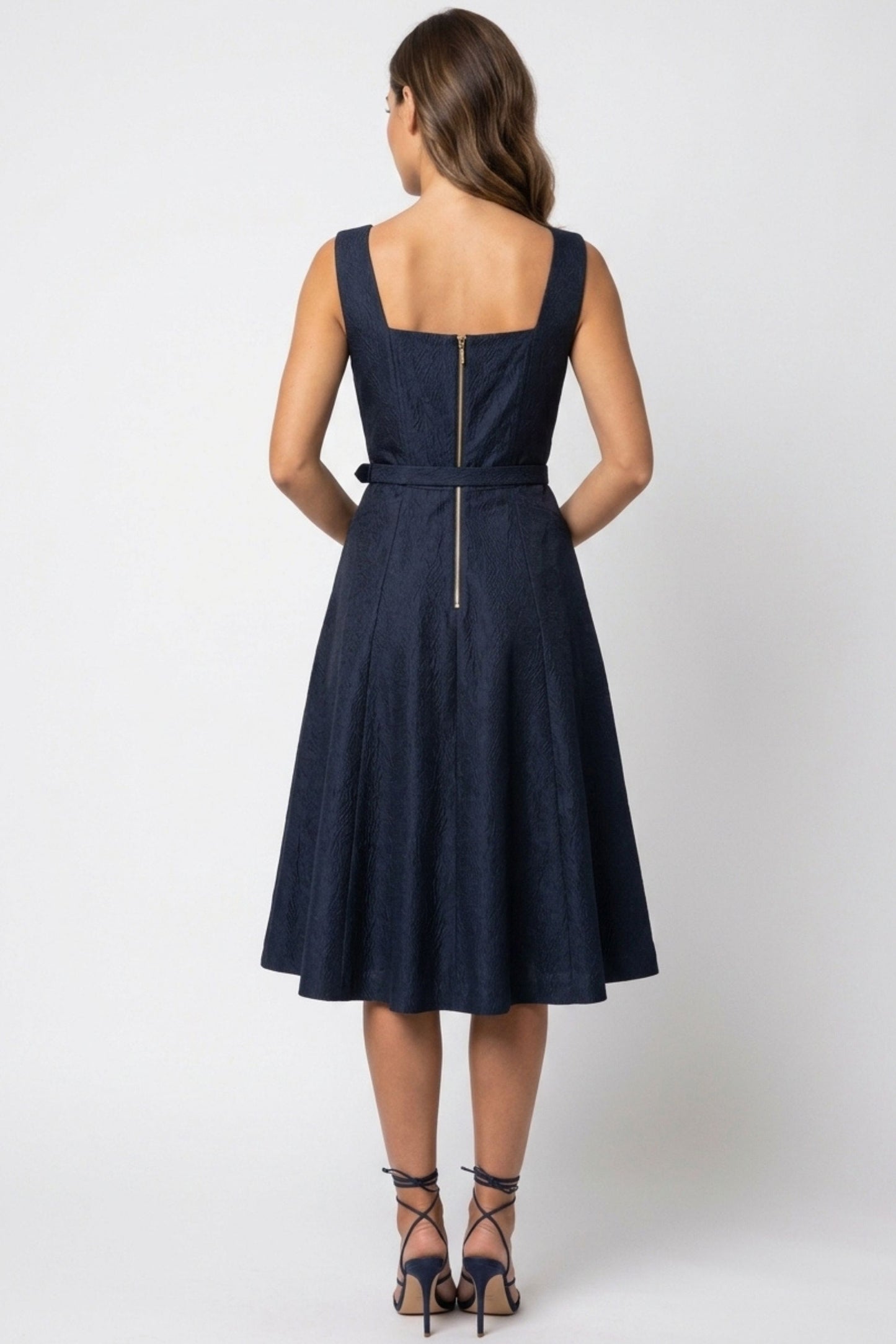 Gabby Skye Square-Neck Belted A-Line Party Dress