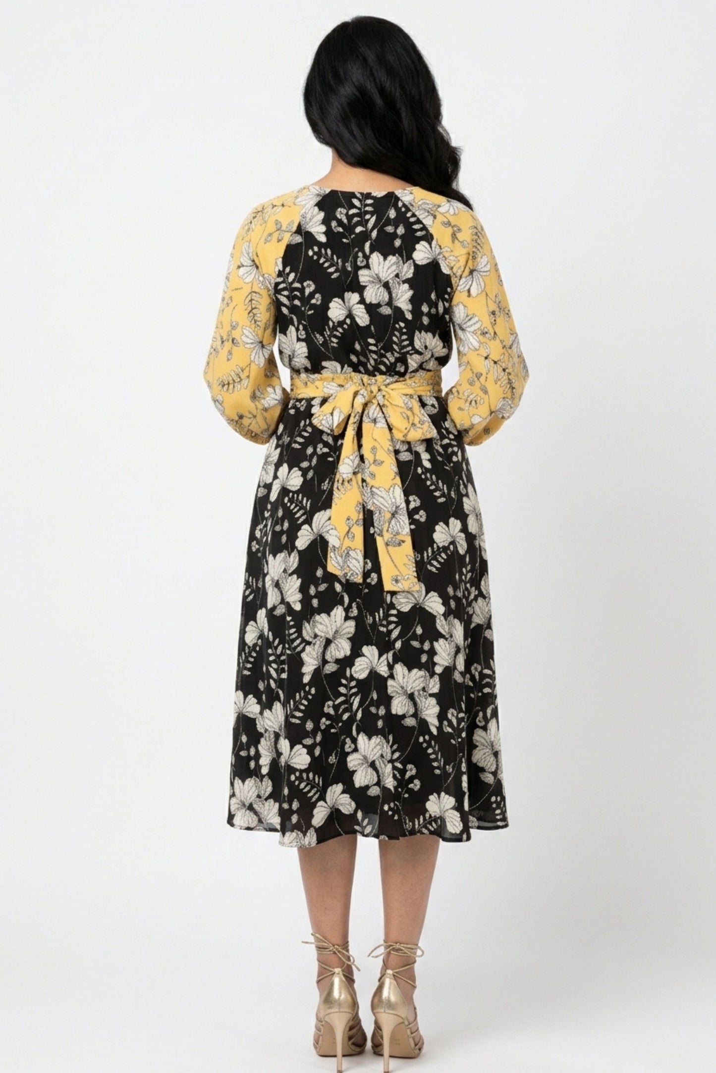 Gabby Skye Lemon Yellow & Black Floral Mixed-Print Faux-Wrap Party Dress