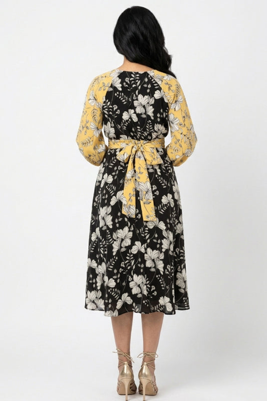 Gabby Skye Lemon Yellow & Black Floral Mixed-Print Faux-Wrap Party Dress
