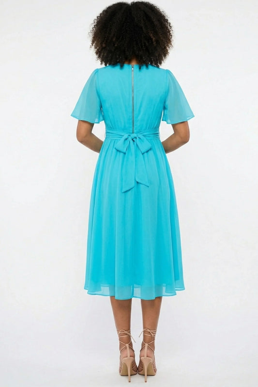 Gabby Skye Turquoise Chiffon Flutter-Sleeve Midi Party Dress