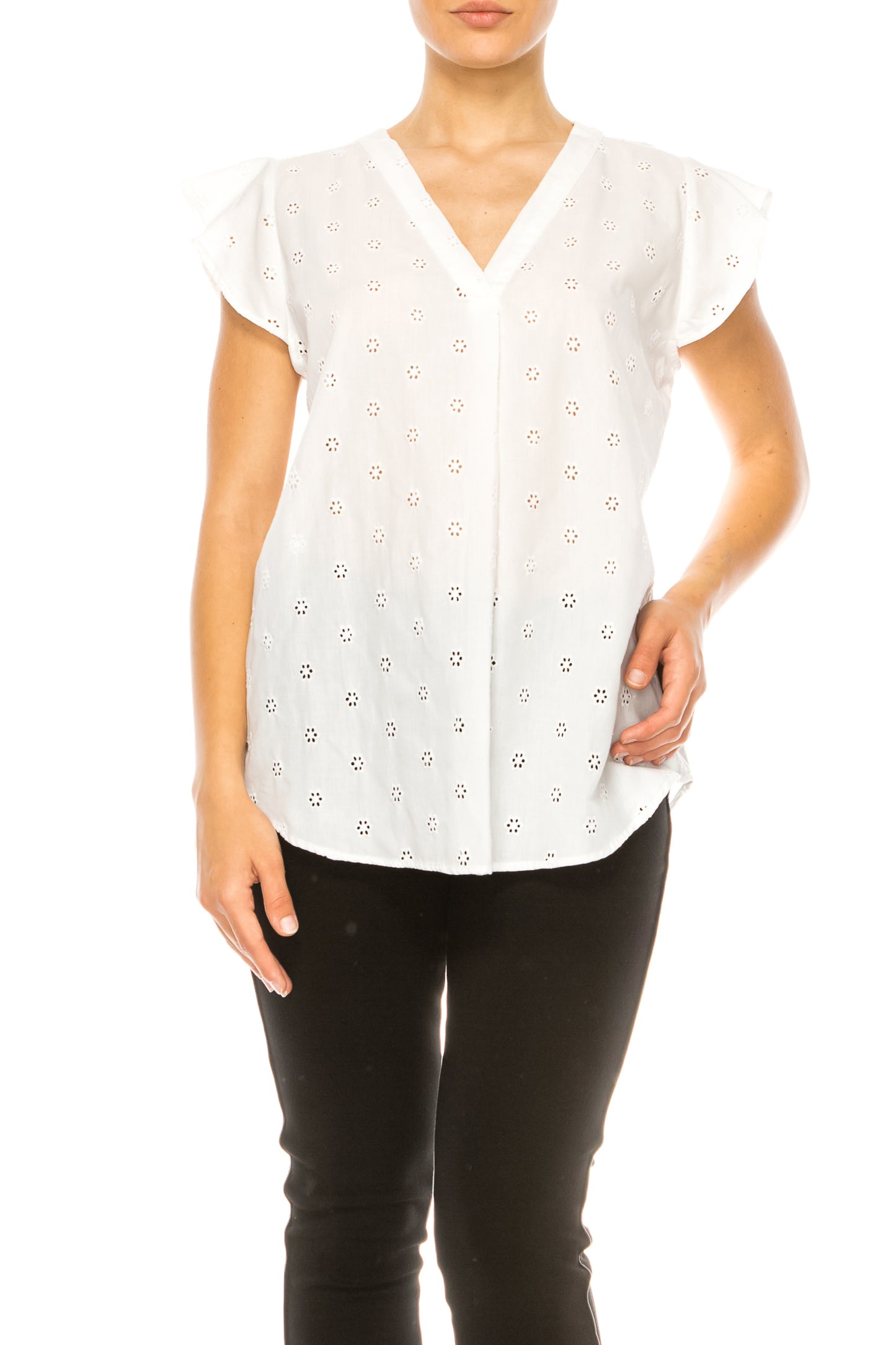 Grand & Greene Floral Eyelet Cap Sleeve Top