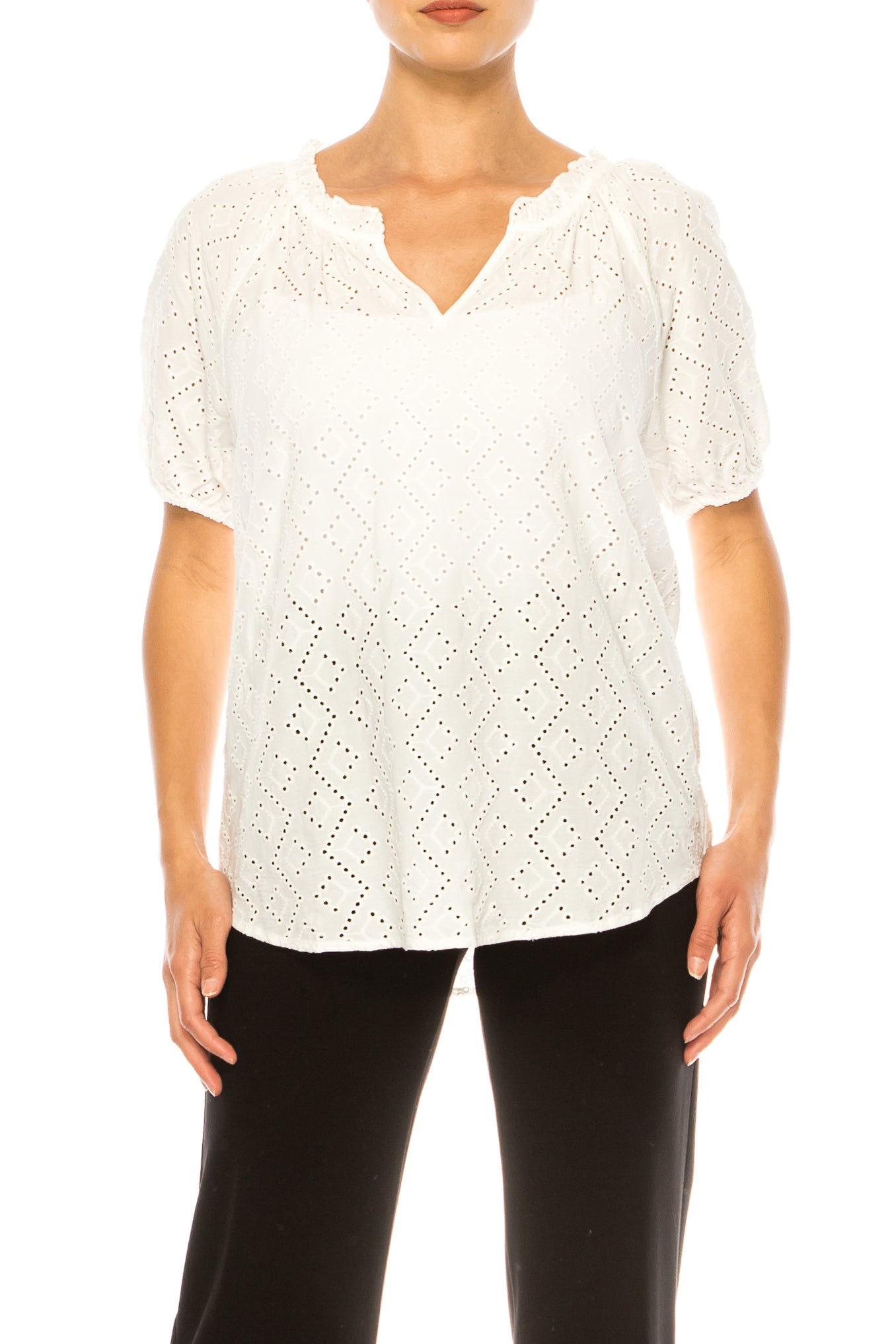 Grand & Greene Short Puff Sleeve V-Neck Eyelet Top