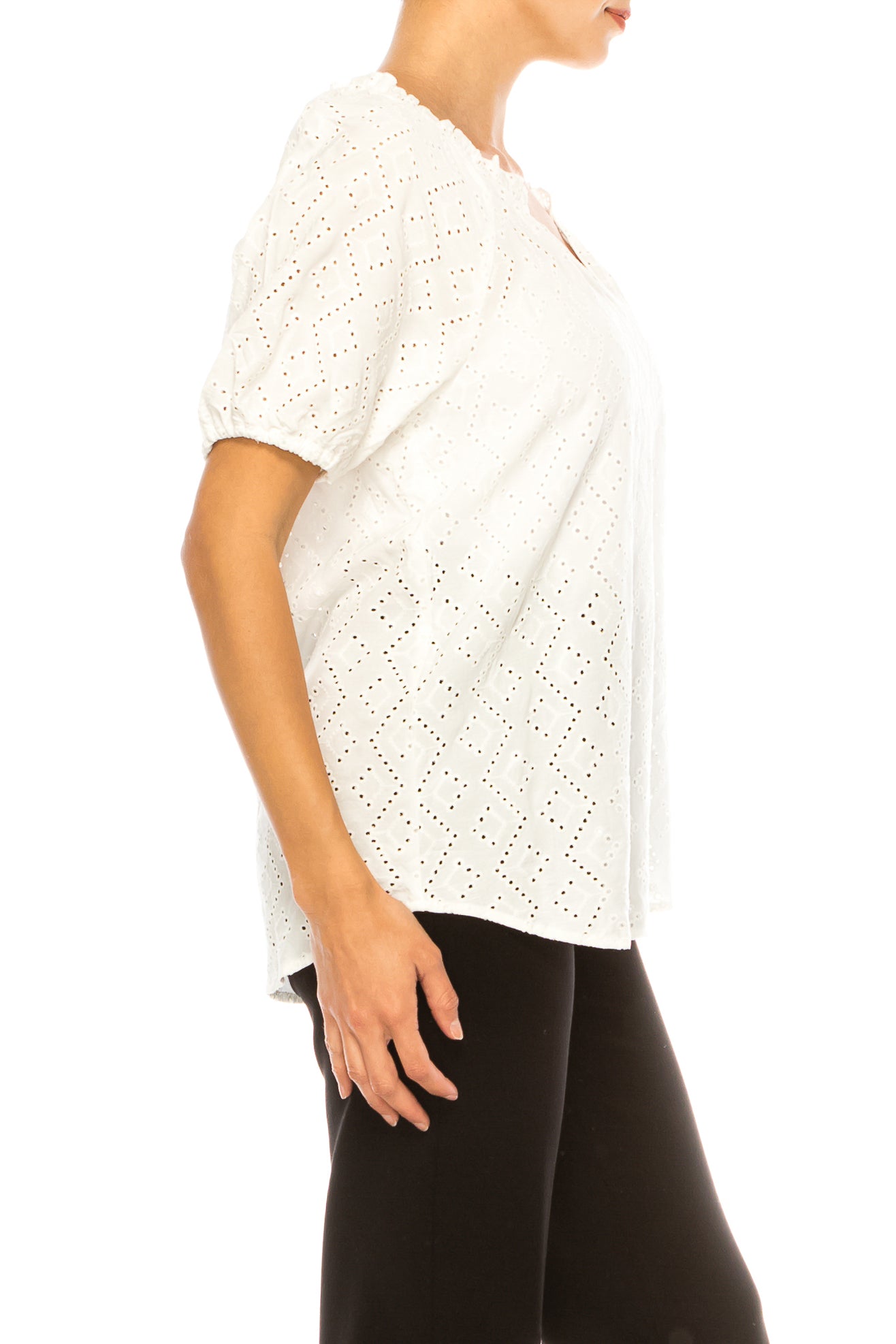 Grand & Greene Short Puff Sleeve V-Neck Eyelet Top