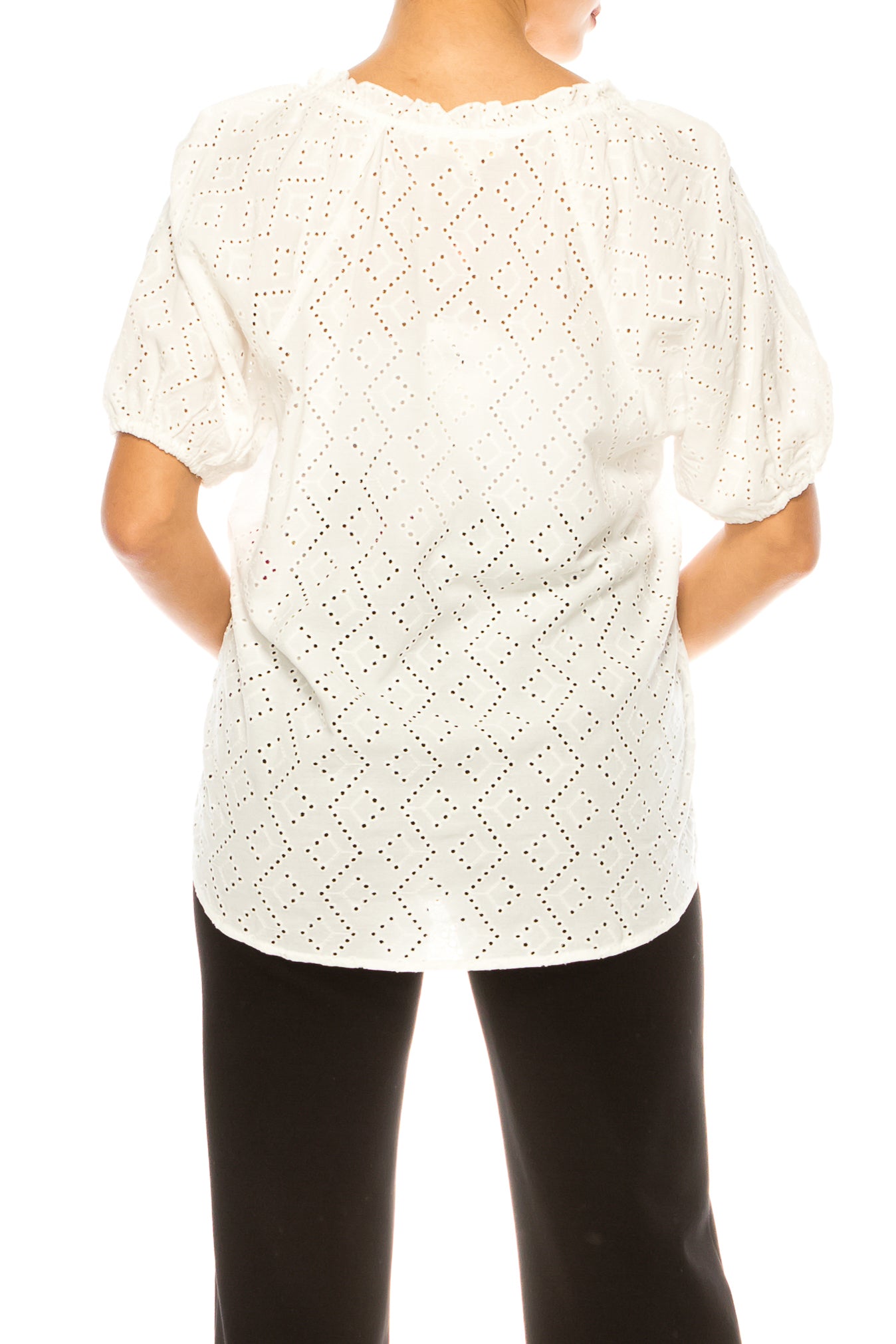 Grand & Greene Short Puff Sleeve V-Neck Eyelet Top
