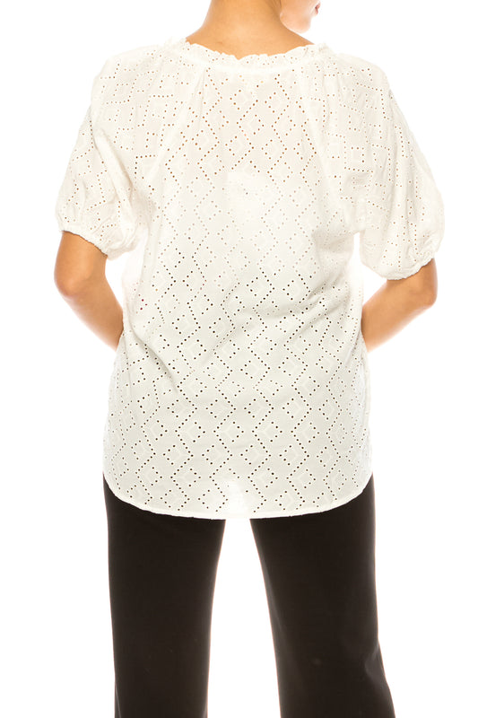Grand & Greene Short Puff Sleeve V-Neck Eyelet Top
