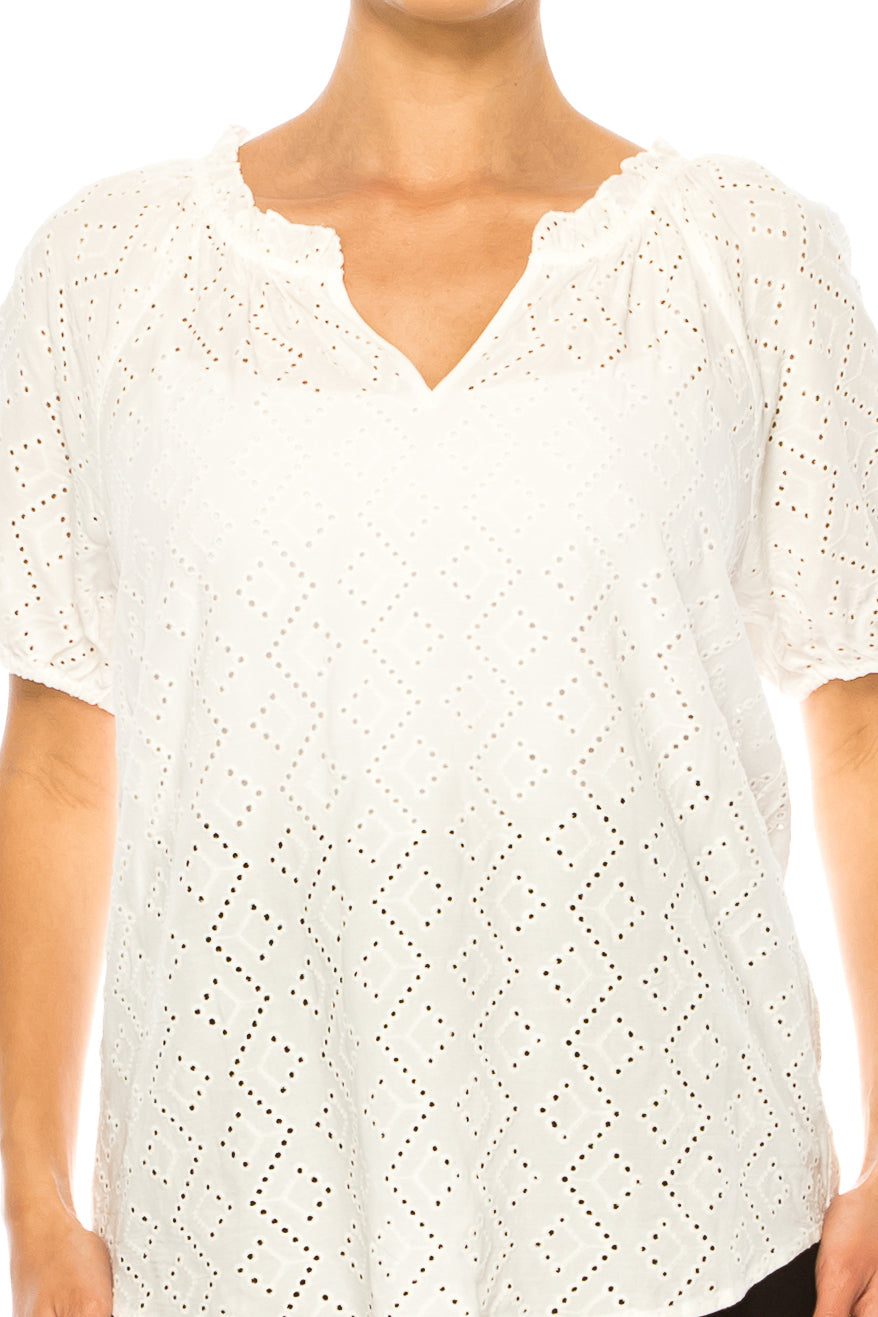Grand & Greene Short Puff Sleeve V-Neck Eyelet Top