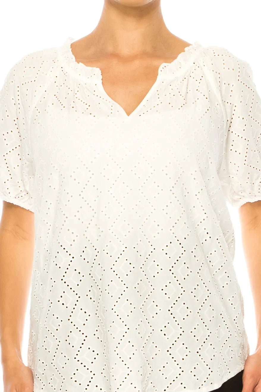 Grand & Greene Short Puff Sleeve V-Neck Eyelet Top