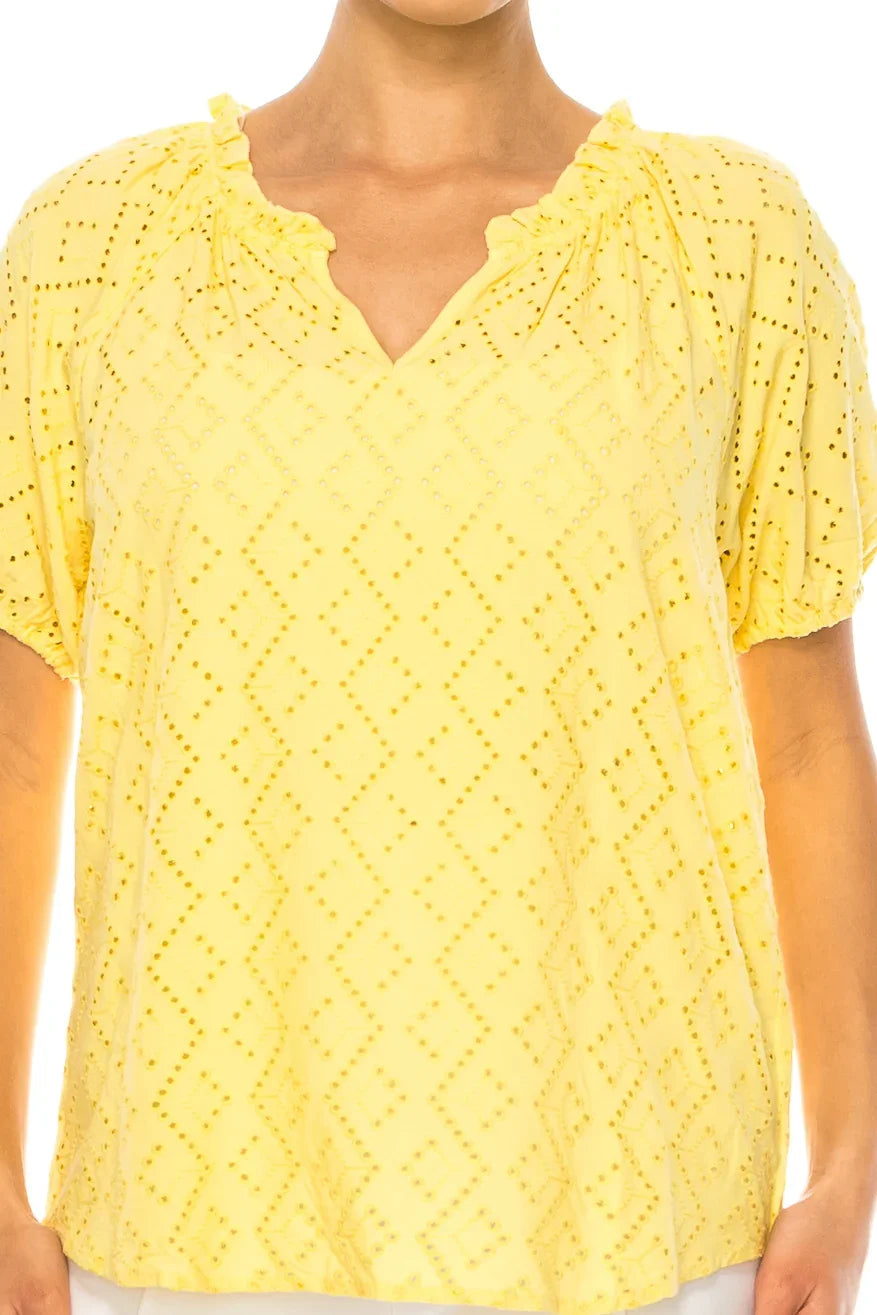 Grand & Greene Short Puff Sleeve V-Neck Eyelet Top
