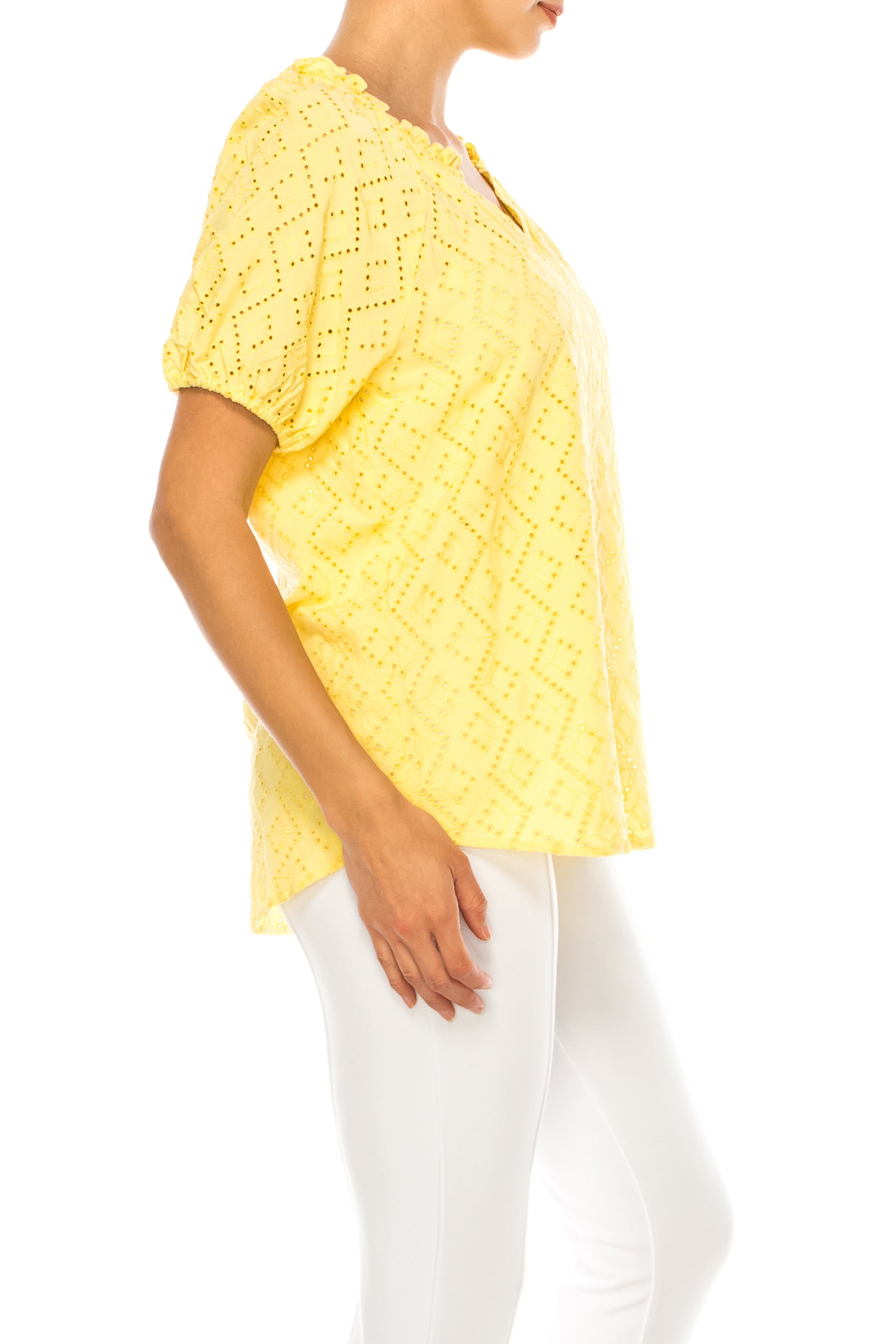 Grand & Greene Short Puff Sleeve V-Neck Eyelet Top