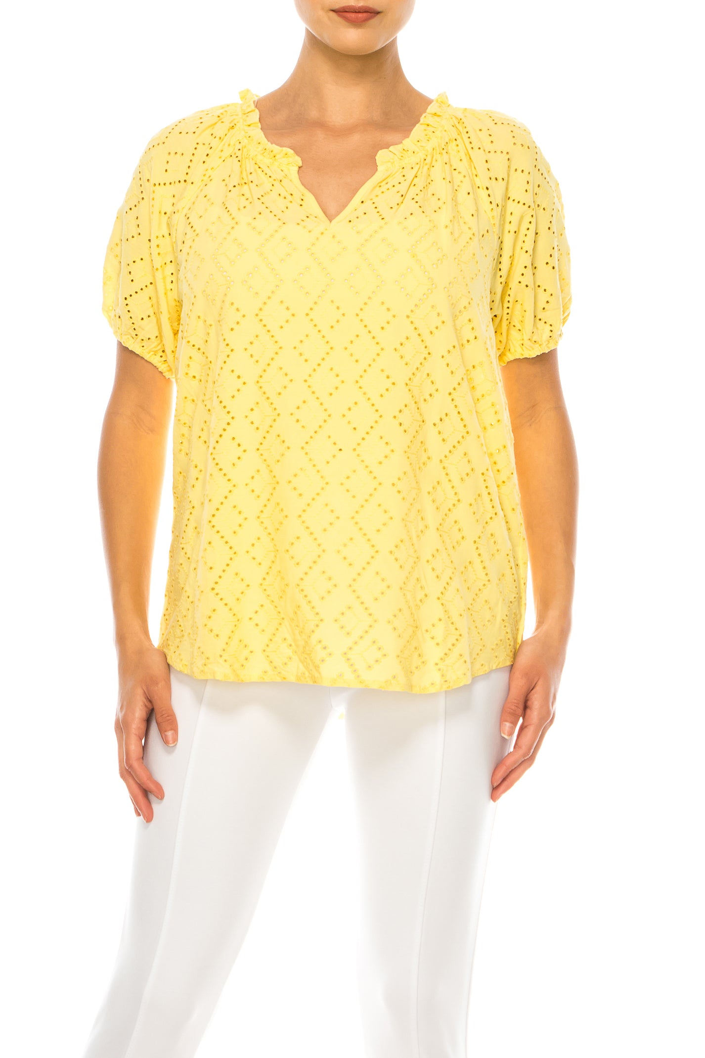 Grand & Greene Short Puff Sleeve V-Neck Eyelet Top