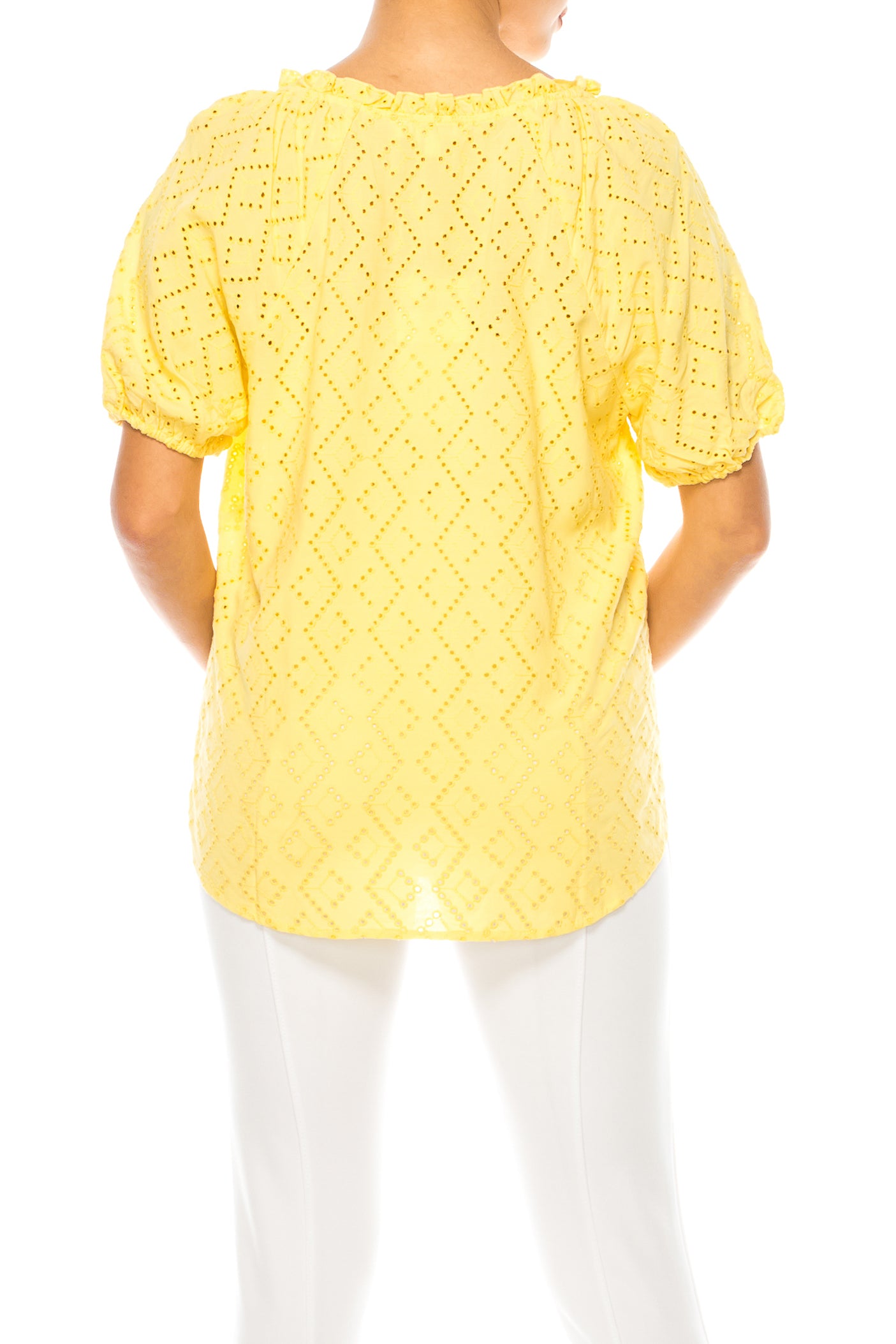 Grand & Greene Short Puff Sleeve V-Neck Eyelet Top
