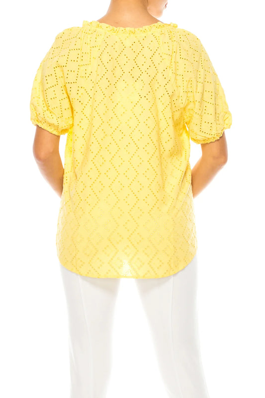 Grand & Greene Short Puff Sleeve V-Neck Eyelet Top