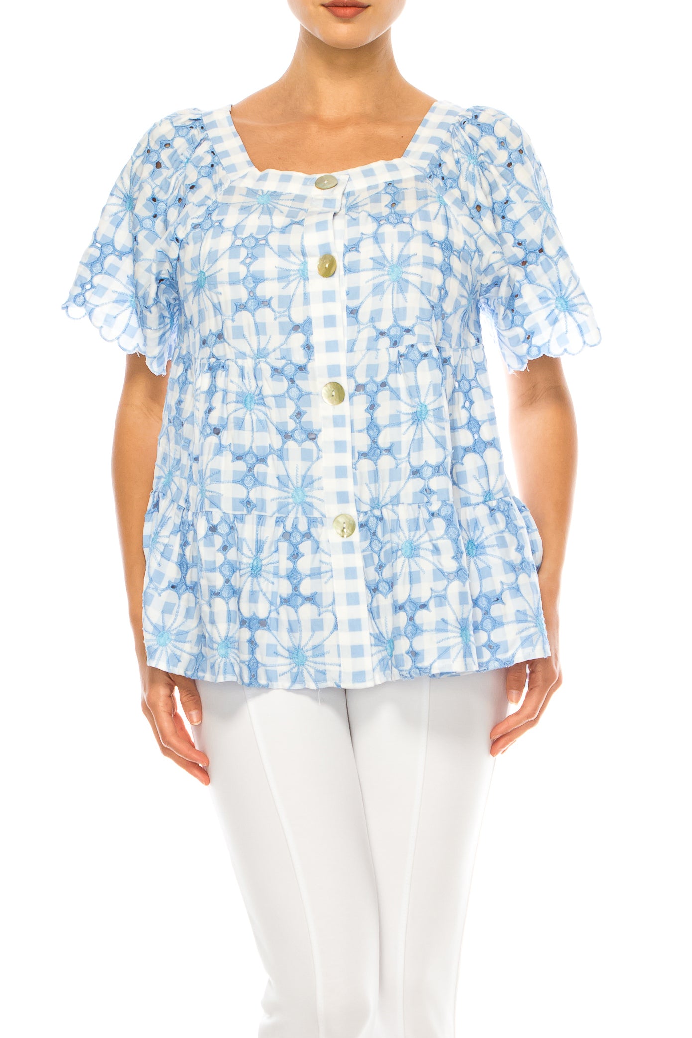 Grand & Greene Checkered Floral Embroidered Top