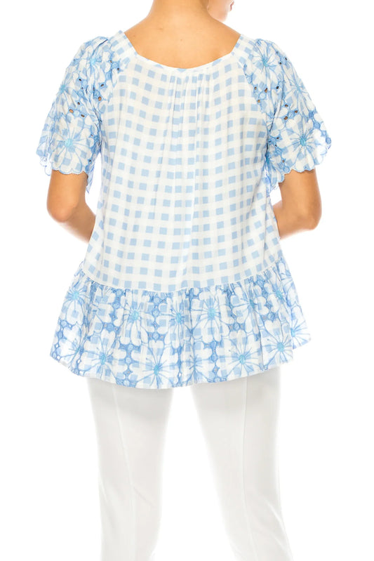 Grand & Greene Checkered Floral Embroidered Top