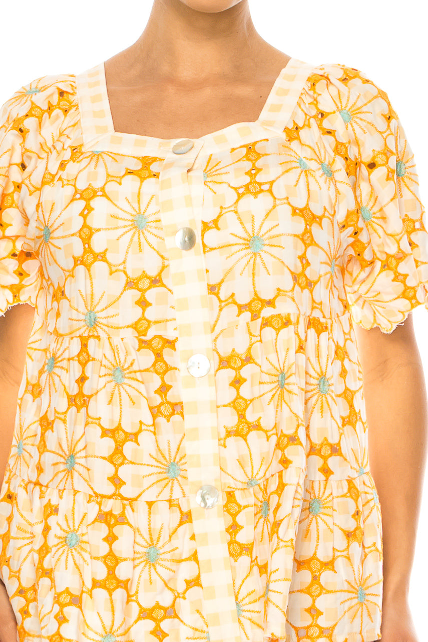 Grand & Greene Checkered Floral Embroidered Top