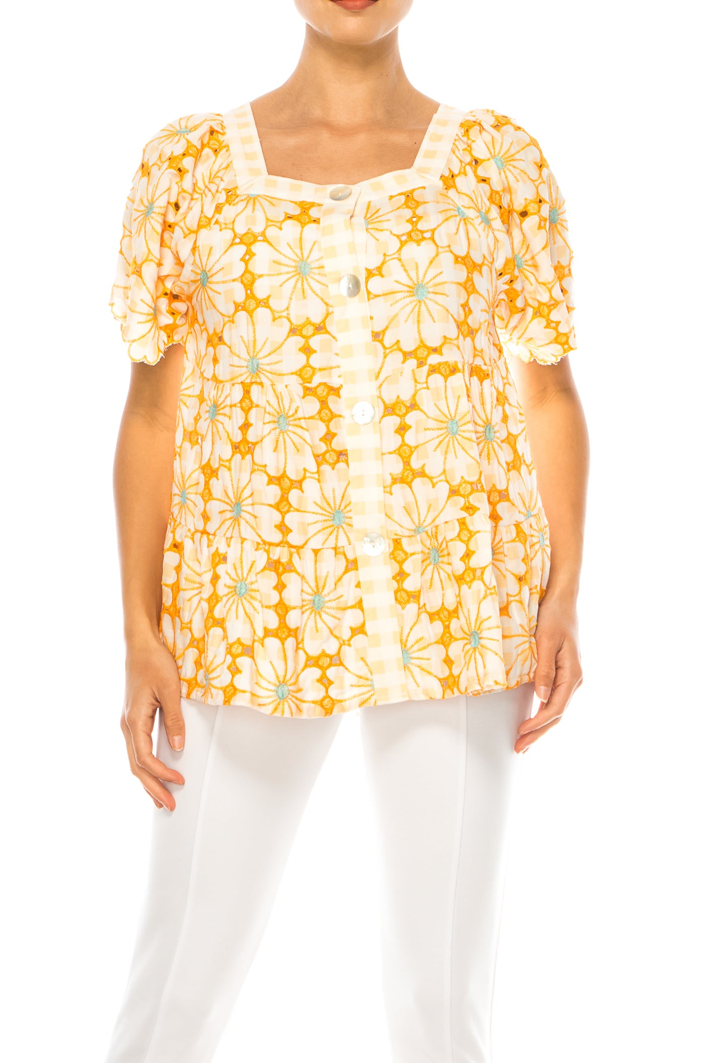 Grand & Greene Checkered Floral Embroidered Top