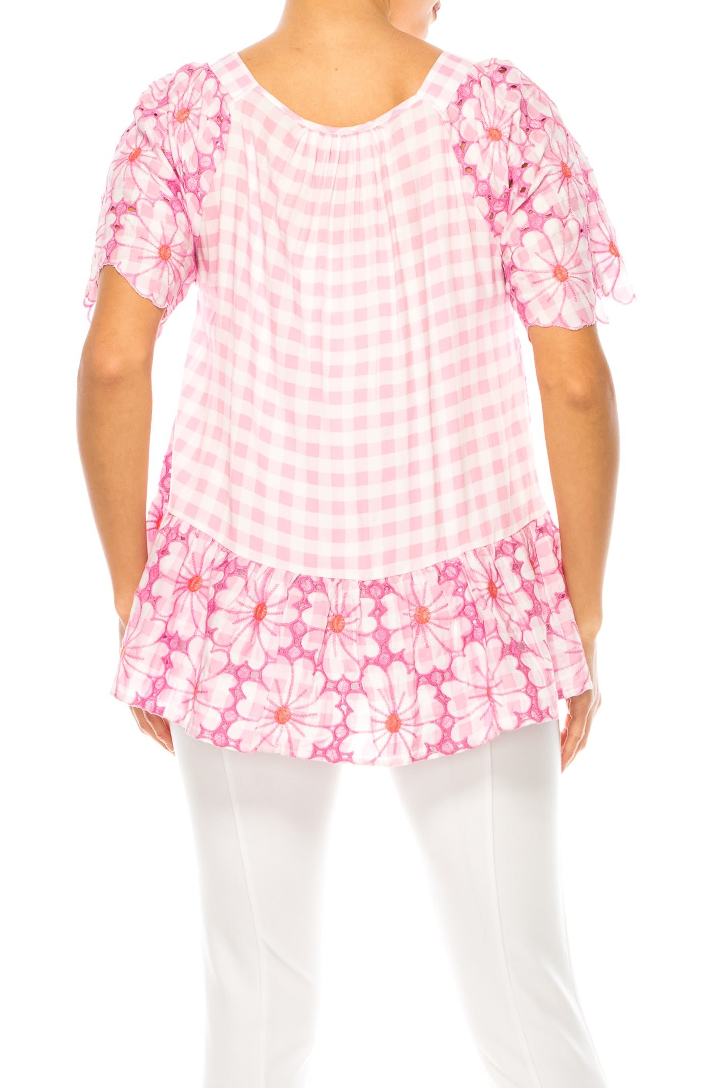 Grand & Greene Checkered Floral Embroidered Top