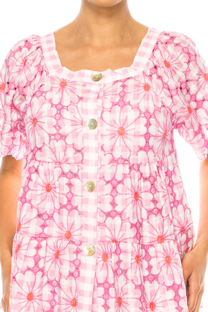 Grand & Greene Checkered Floral Embroidered Top
