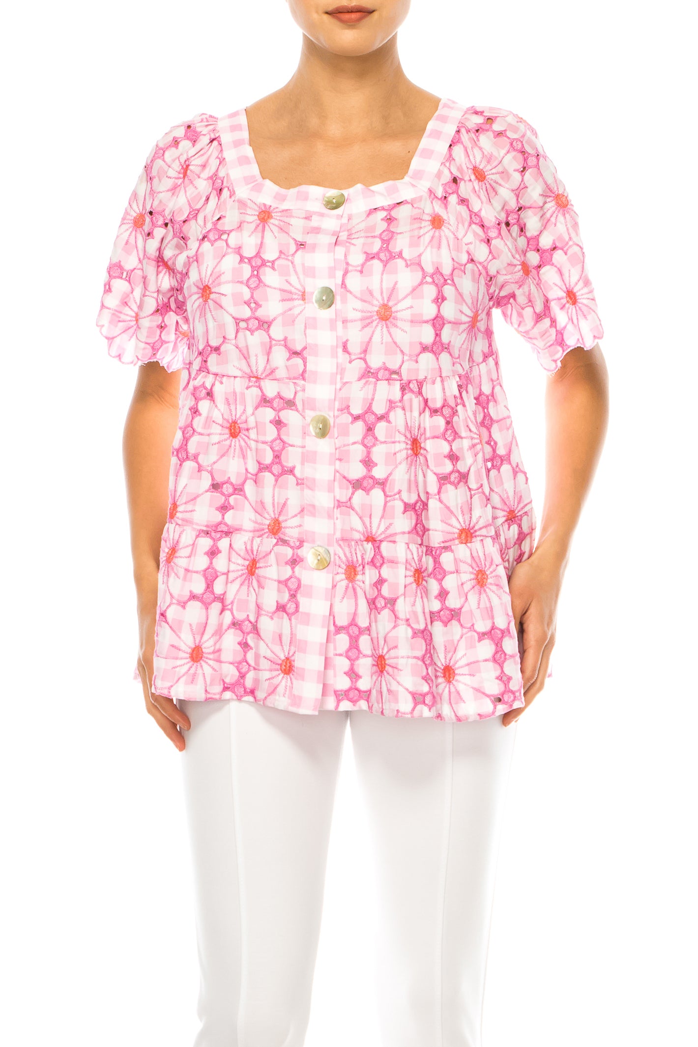 Grand & Greene Checkered Floral Embroidered Top