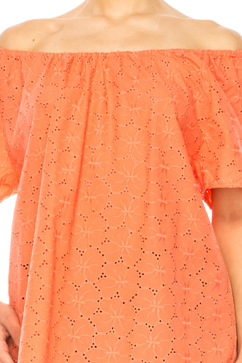 Grand & Greene Floral Eyelet Elastic Neckline Top