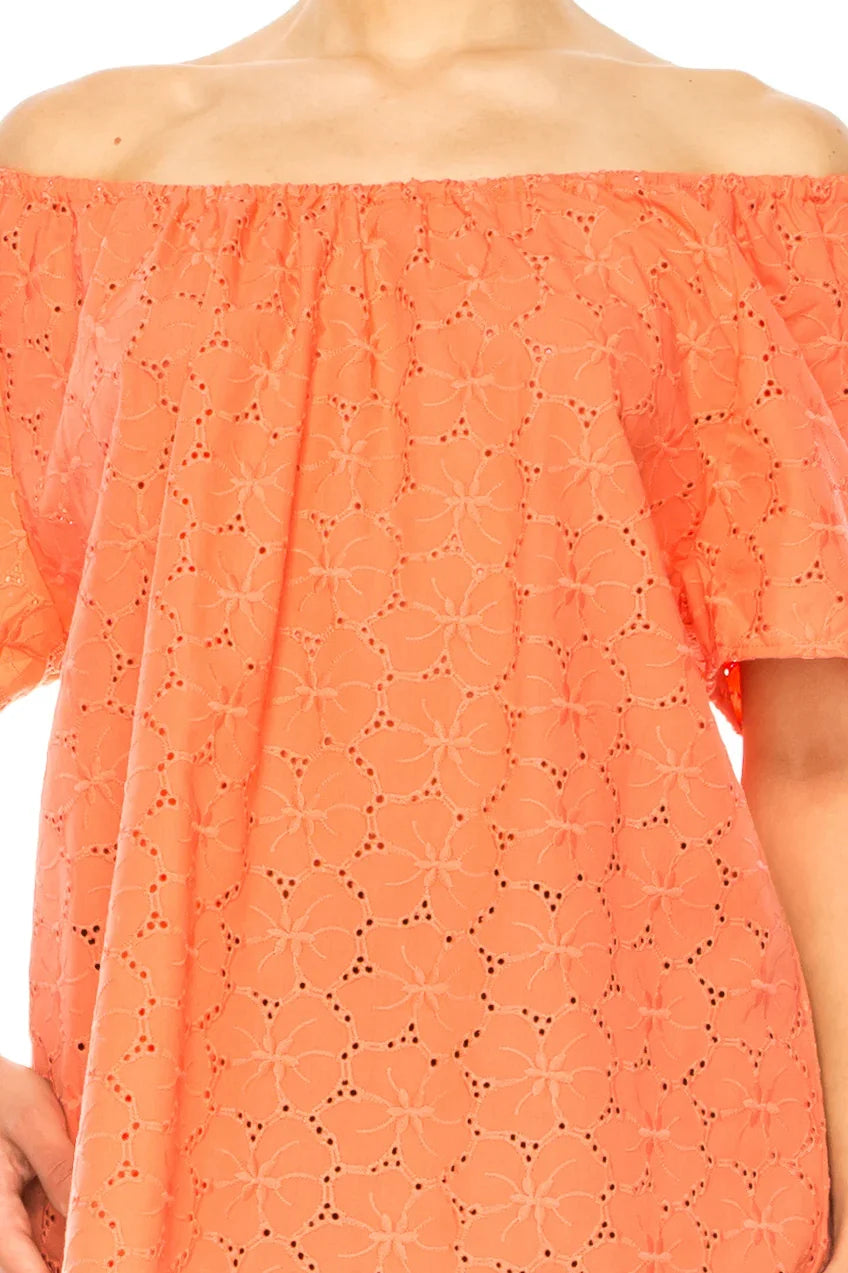 Grand & Greene Floral Eyelet Elastic Neckline Top