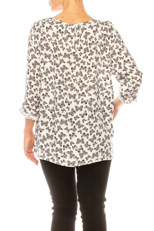 Grand & Greene Butterfly Print 3/4 Sleeve Top